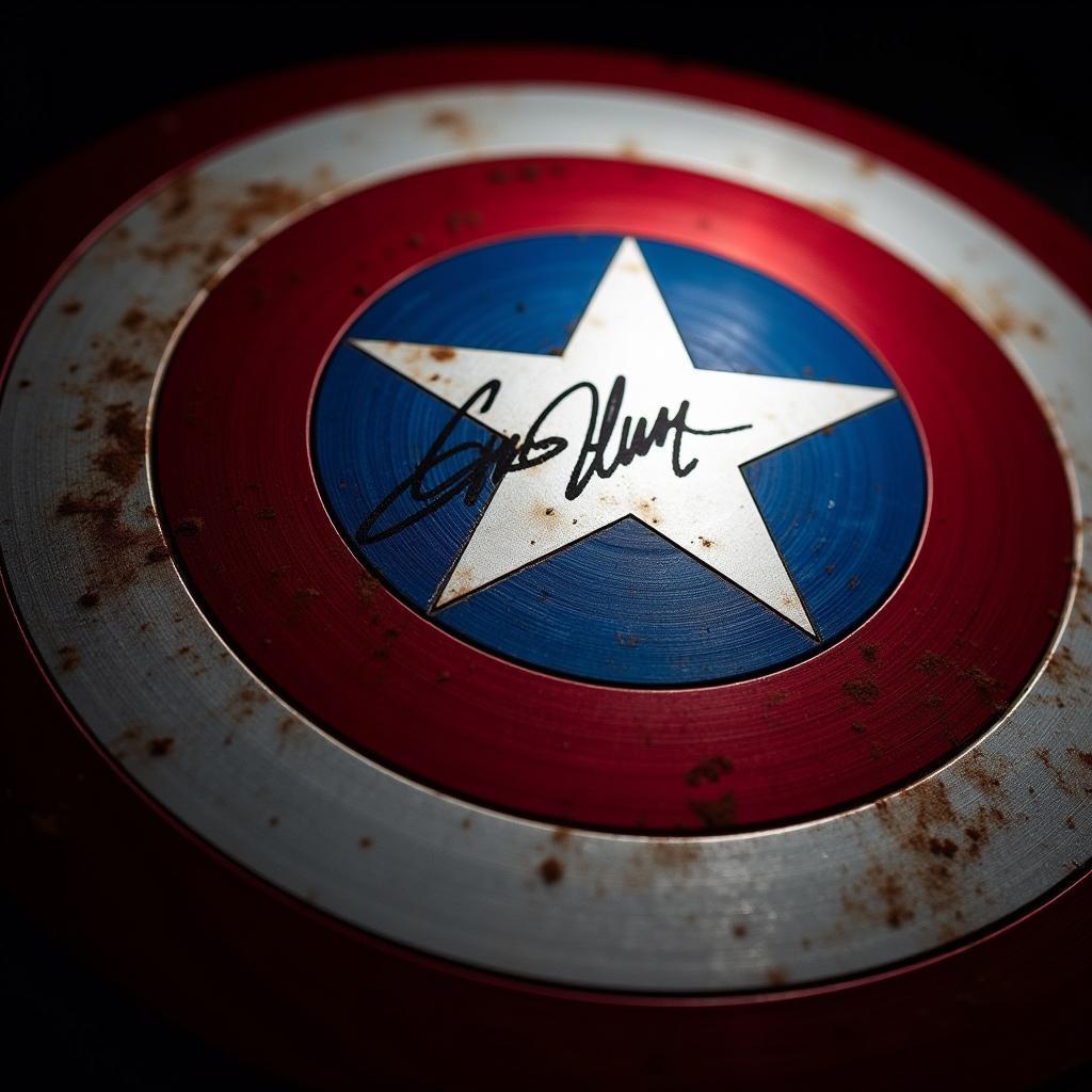 Close-up of Chris Evans' signature on a Captain America shield