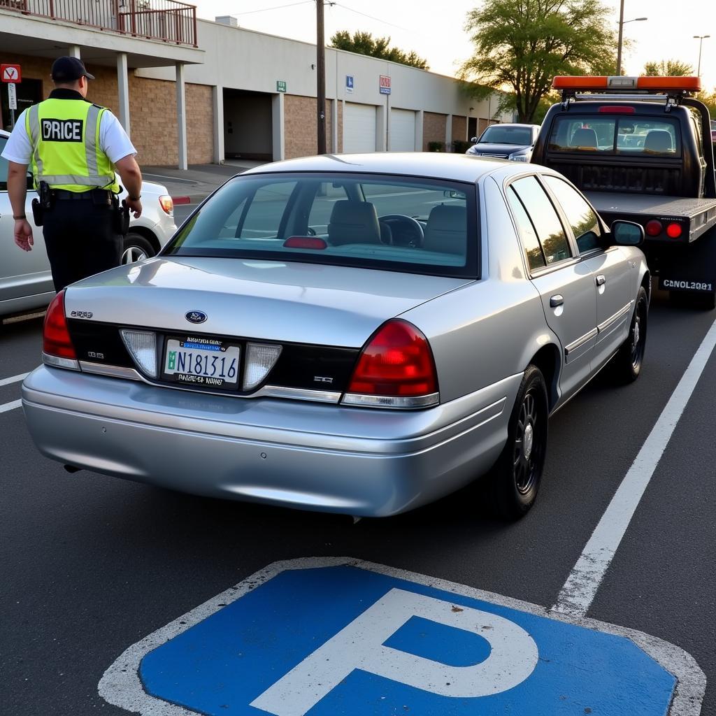  A tow truck preparing to tow a car parked illegally in a no-parking zone