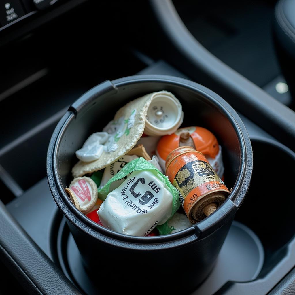 Car cup holder trash bin full of trash