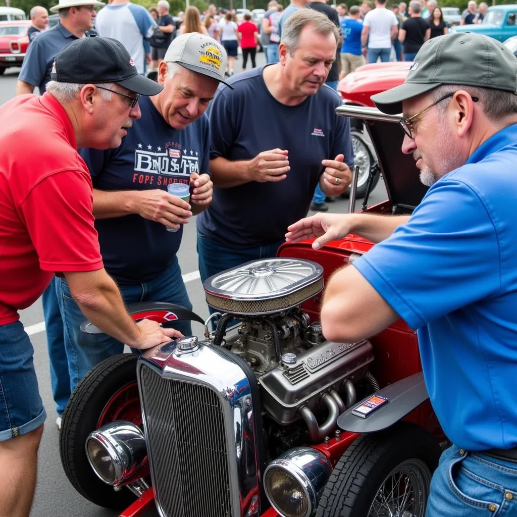 Car Enthusiasts Discussing a Classic Engine