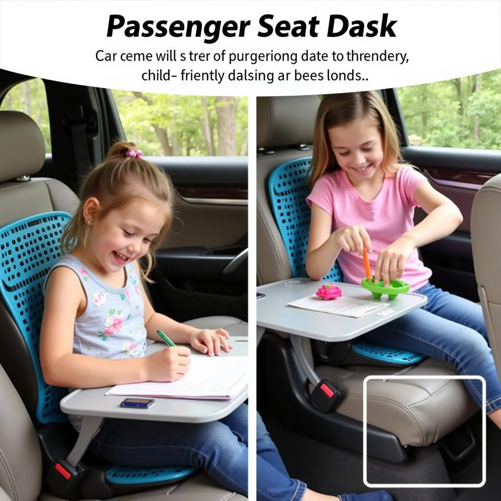 Children using a car passenger seat desk for drawing and playing