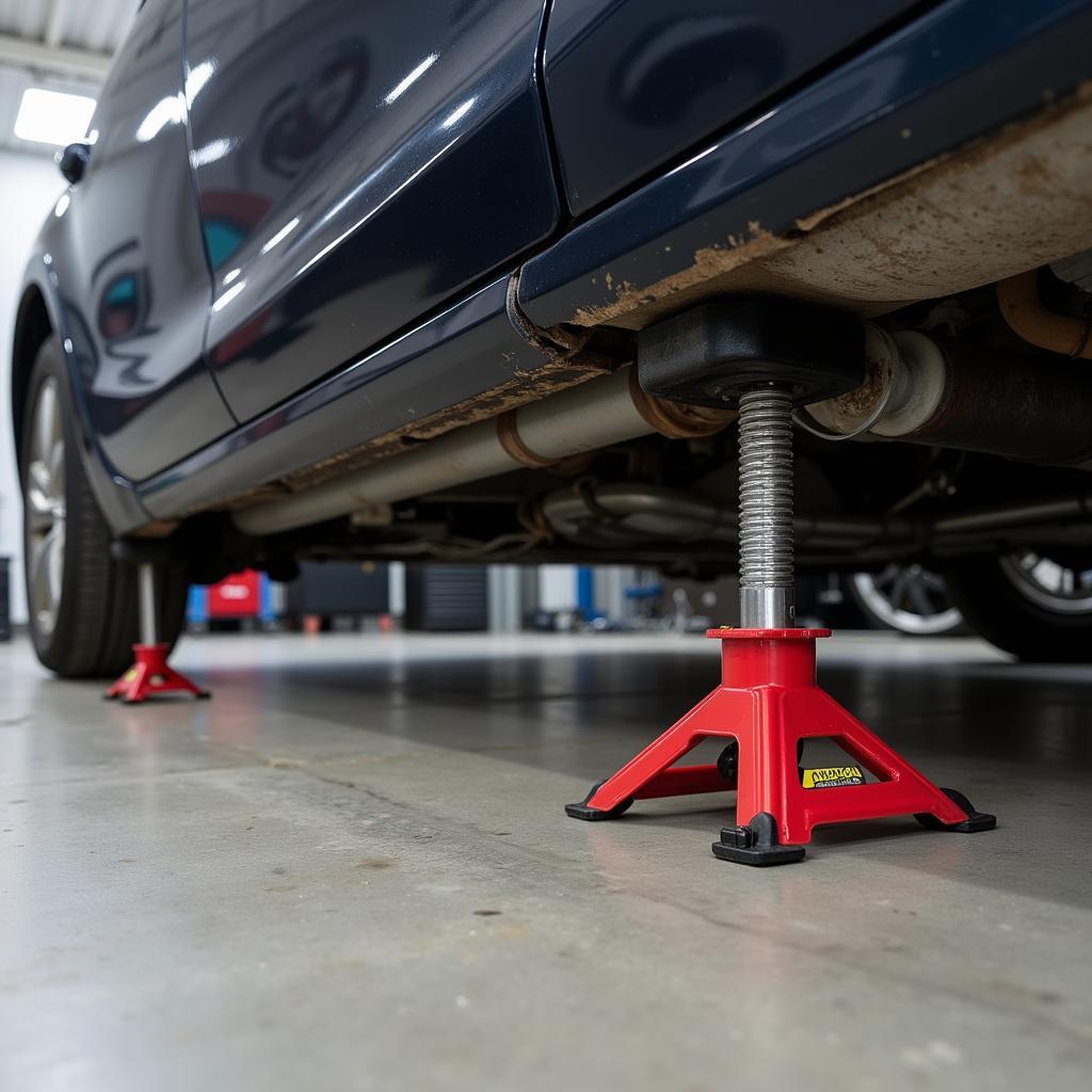 A car properly secured on mini jack stands