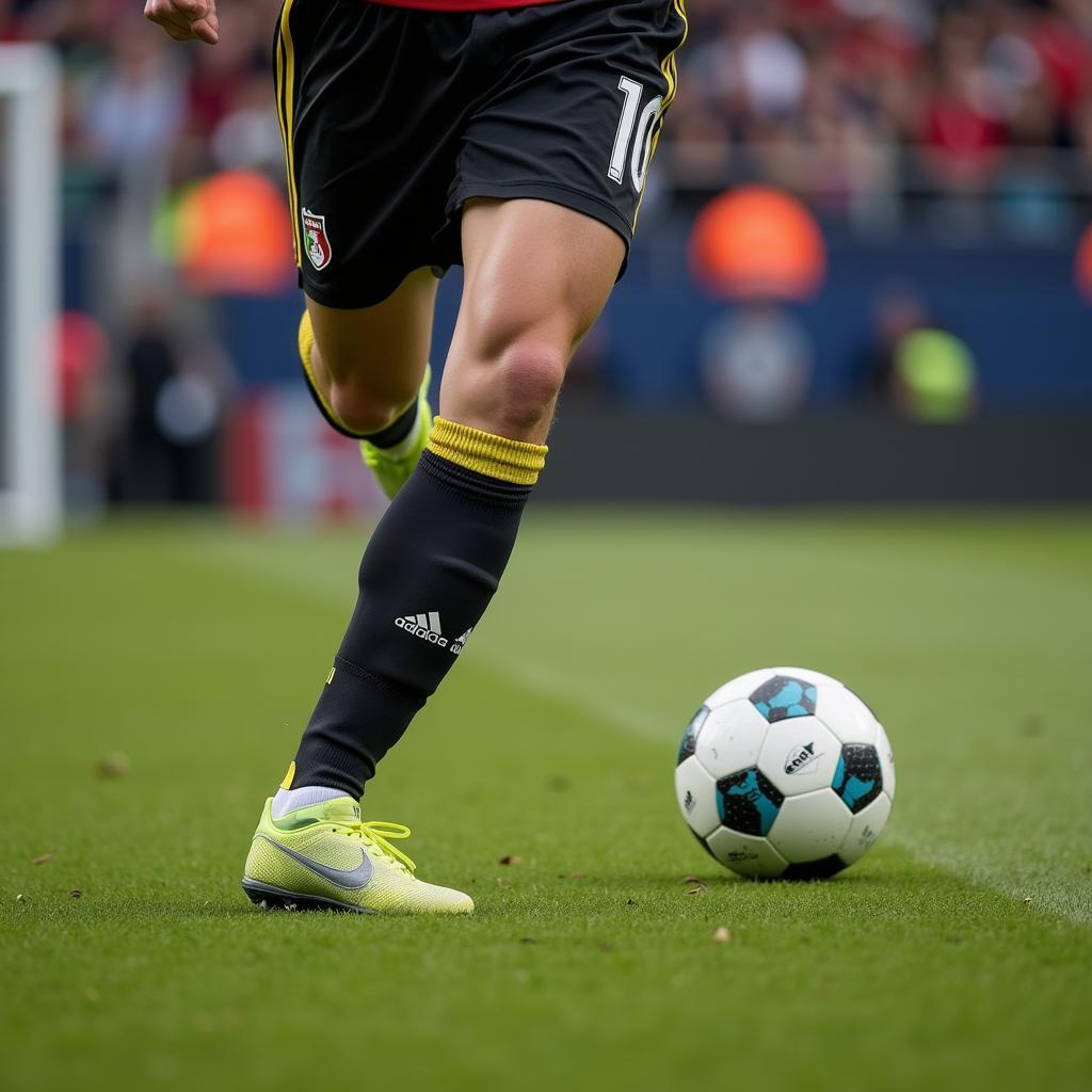 Close-up of a footballer's feet dribbling a soccer ball