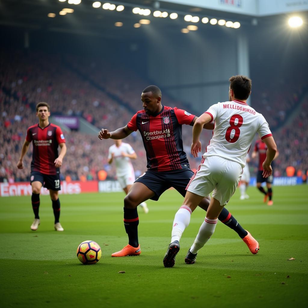 Wide view of a football match with a player controlling the midfield