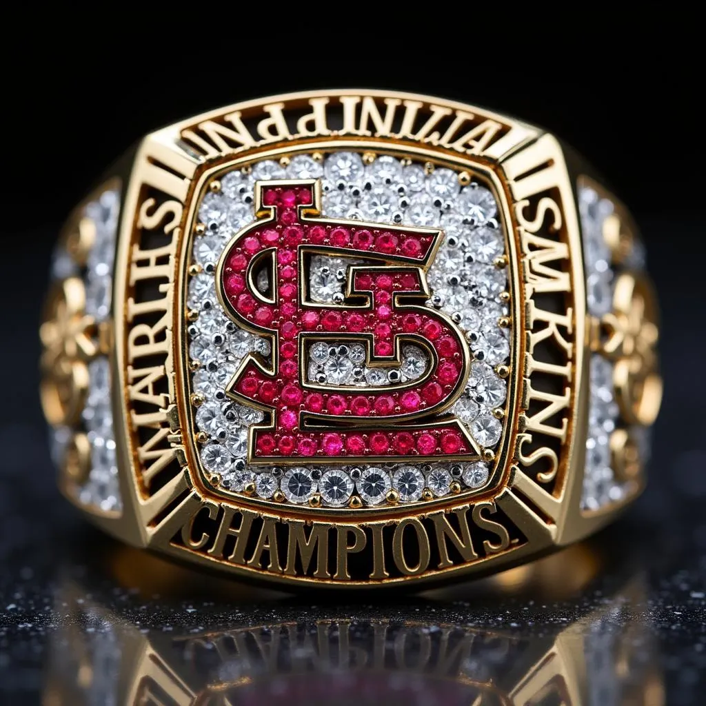 Close-up view of the Cardinals 2011 World Series ring, highlighting its intricate design and symbolic elements.