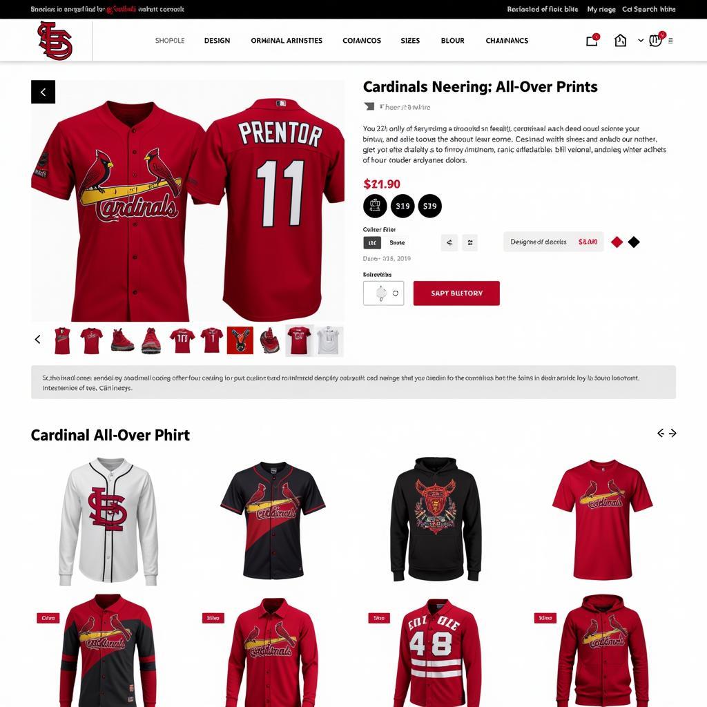 A variety of cardinals all-over print shirts displayed in an online store