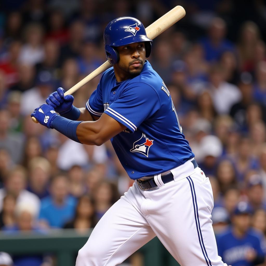 Carlos Delgado swinging for the fences in his Blue Jays uniform