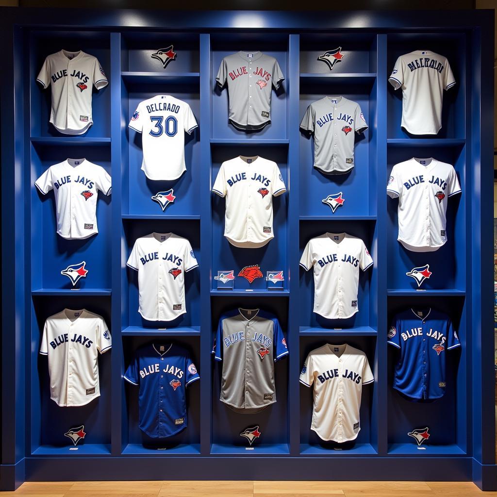 A collection of Carlos Delgado jerseys from different eras of his career.