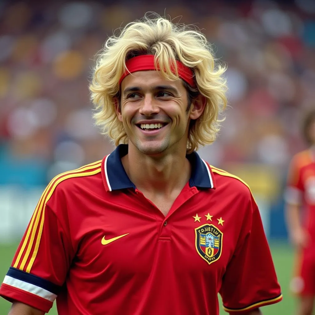 Carlos Valderrama wearing the iconic camiseta Colombia roja 1990 jersey