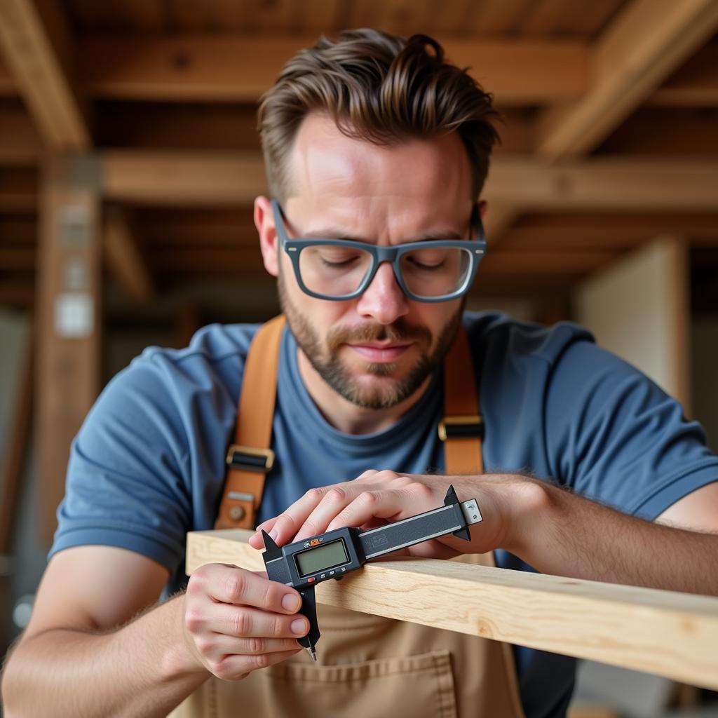 Carpenter Using Calipers for Precise Measurement