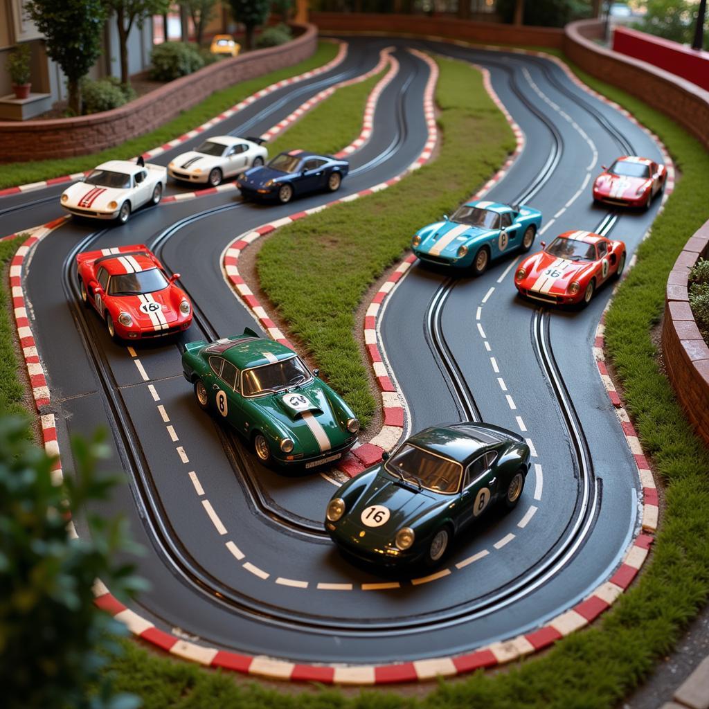 Carrera 1 43 slot car track layout with multiple cars