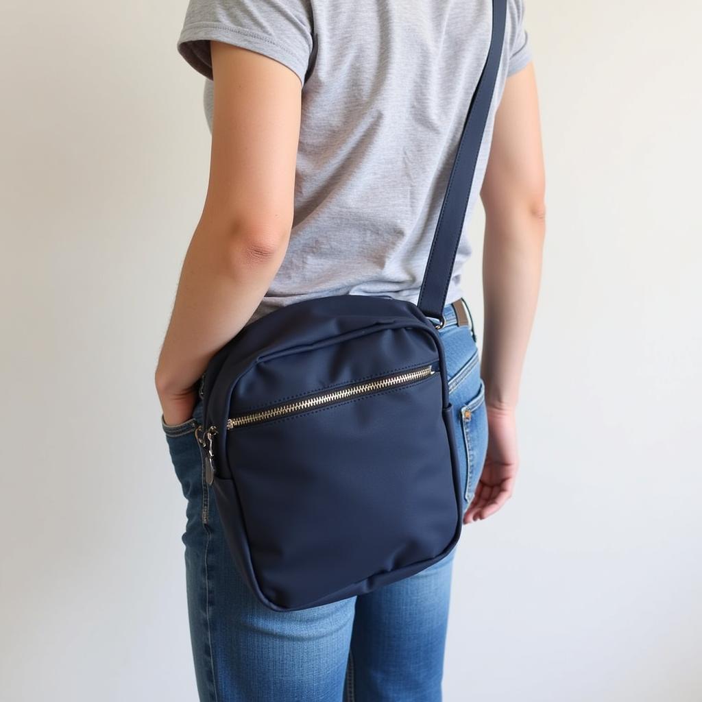 A person wearing a casual outfit paired with a "bluejay bag"