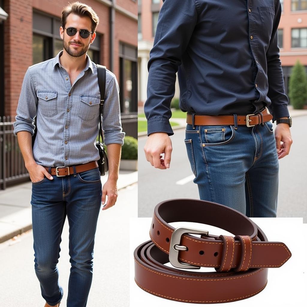 A person wearing a brown baseball belt with jeans and a t-shirt