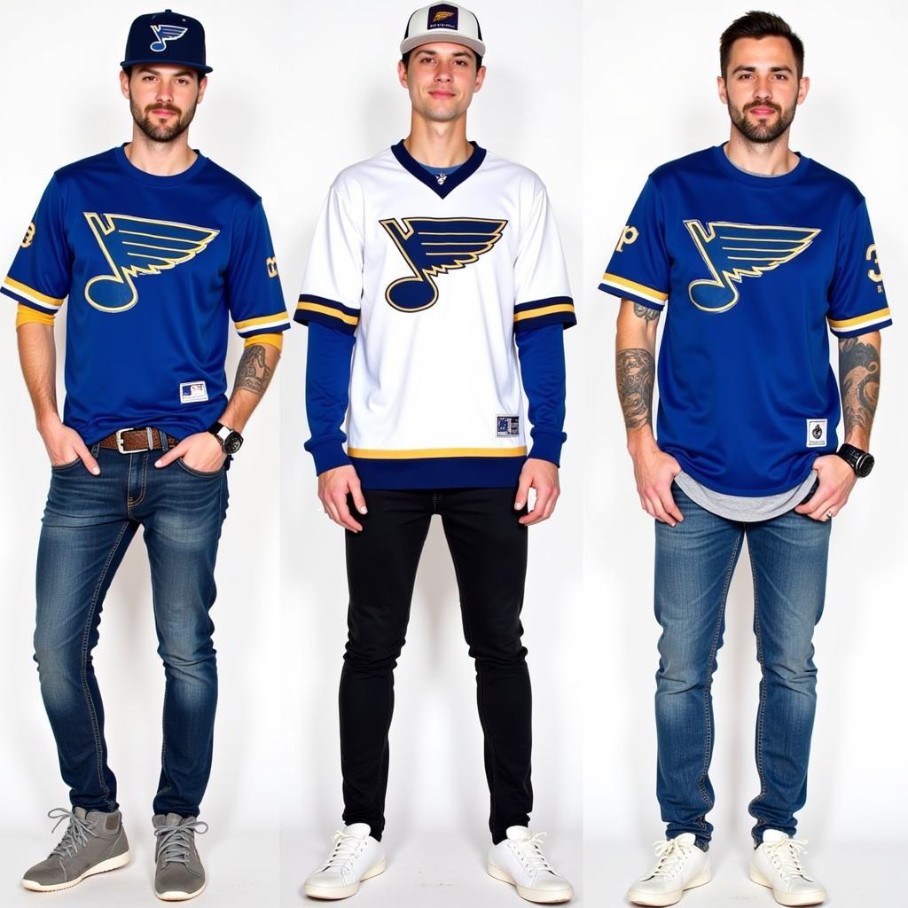 A fashion-forward individual rocking a Blues custom jersey as part of a casual streetwear outfit.