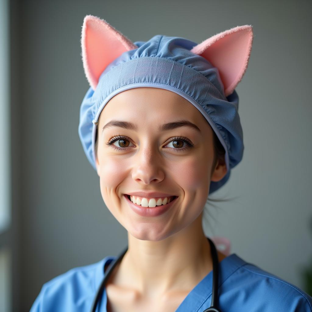 A healthcare worker smiling while wearing a cat scrub cap with cat ears