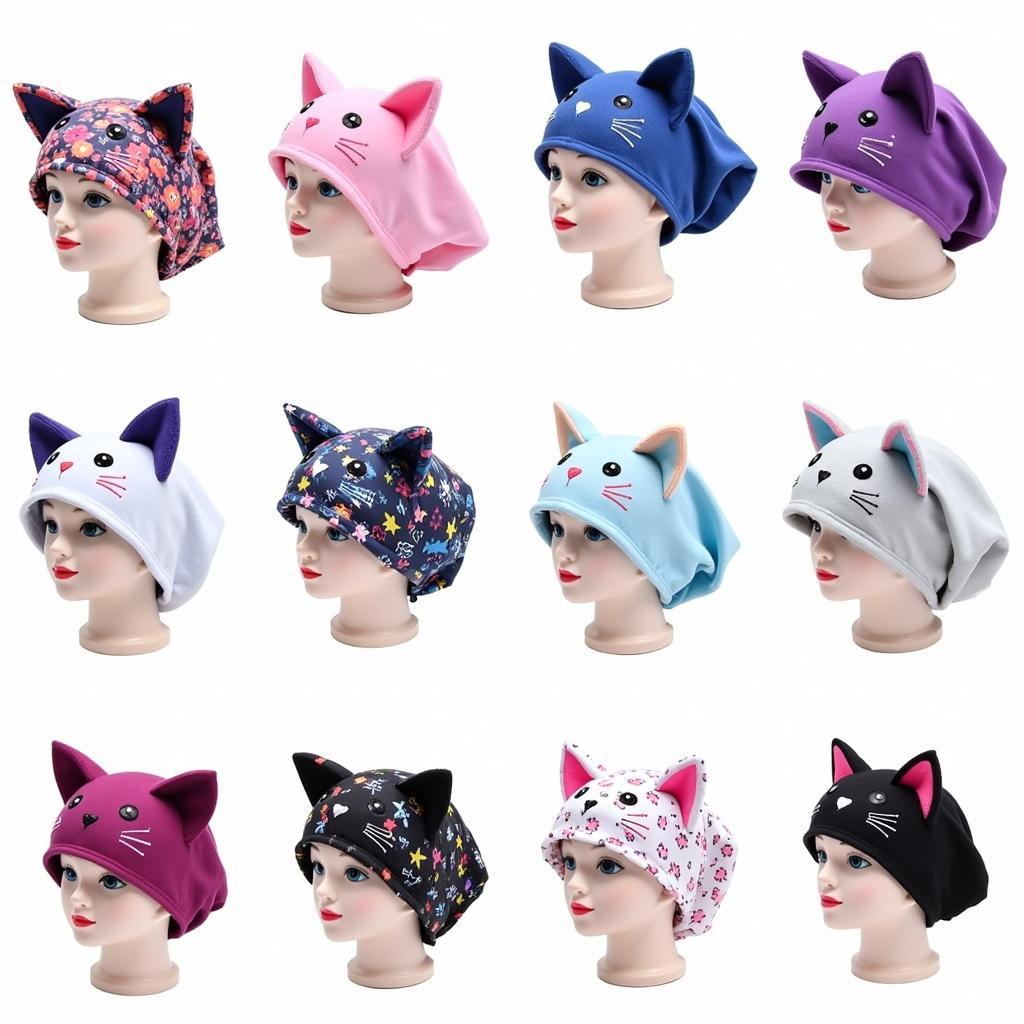 Cat scrub caps in various colors and patterns