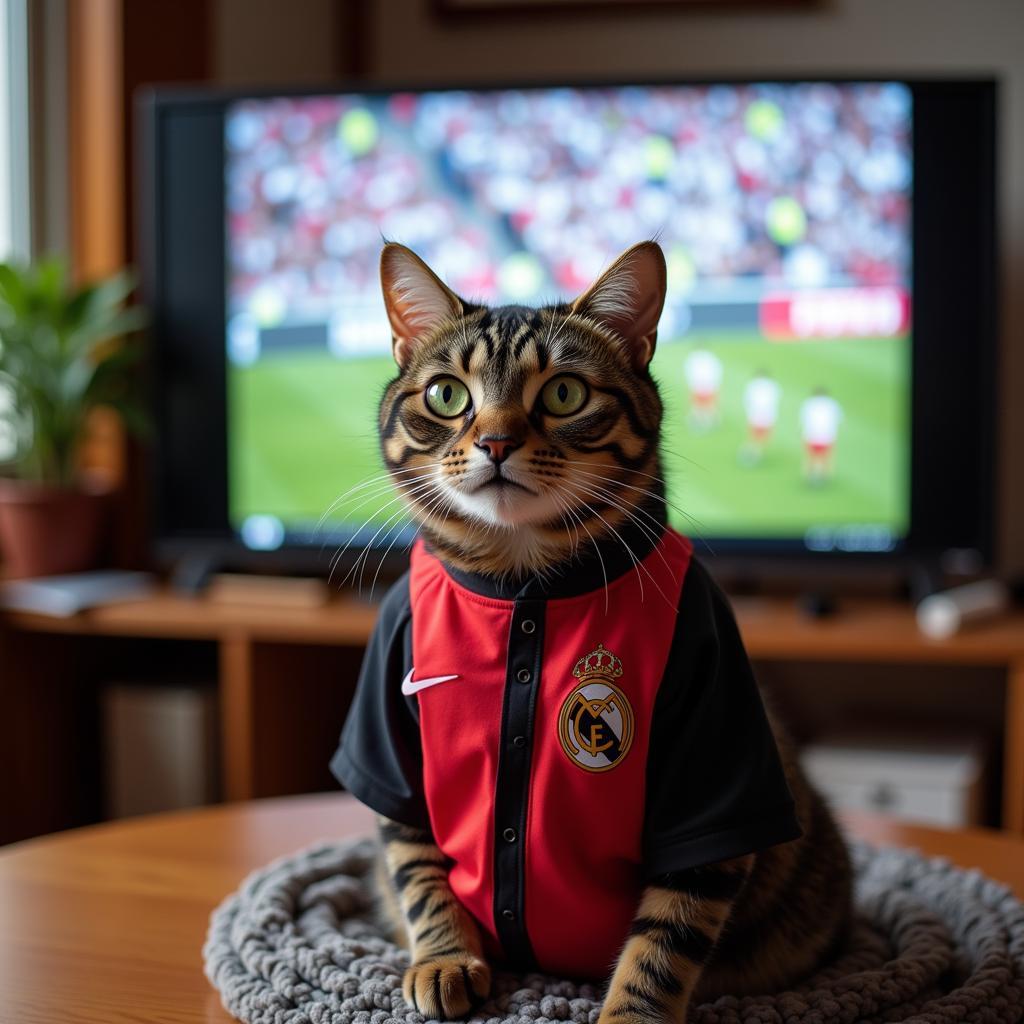 A tabby cat sporting a miniature soccer jersey, looking both adorable and ready to cheer