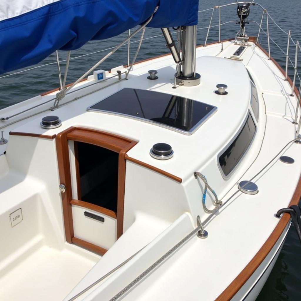 Close-up view of the deck of a Catalina 14 sailboat, showcasing its well-organized layout, including the mainsail, jib, tiller, and cleats. The image highlights the simplicity and functionality of the boat's design.