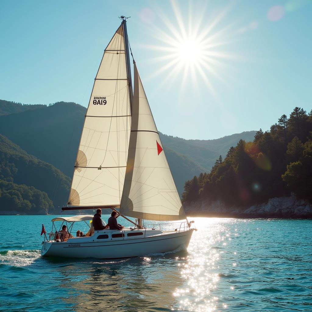 Catalina 14 sailboat gracefully gliding across a calm lake, surrounded by lush green hills. The sailboat has its sails fully out, catching the wind for optimal speed and performance.