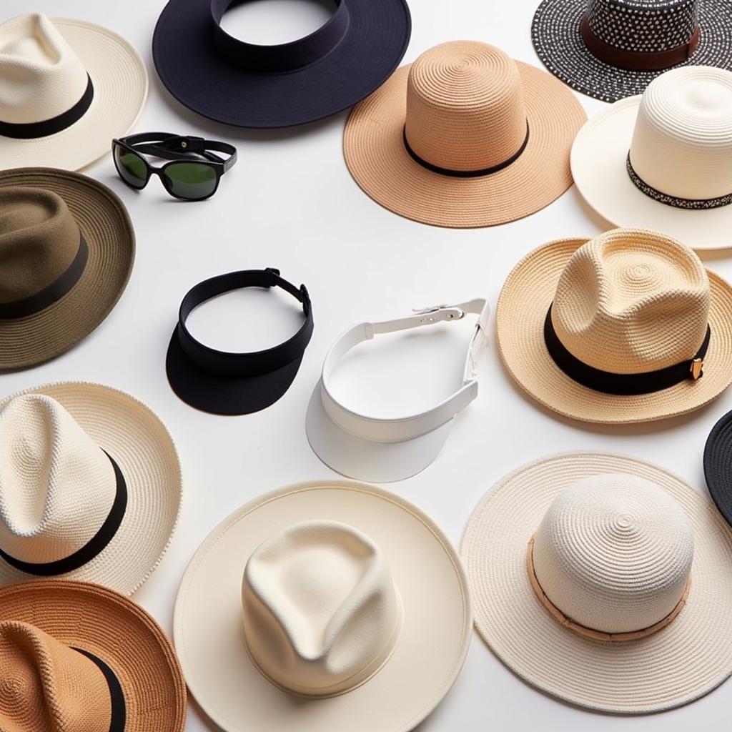 Variety of C.C Exclusives sun hats displayed on a table