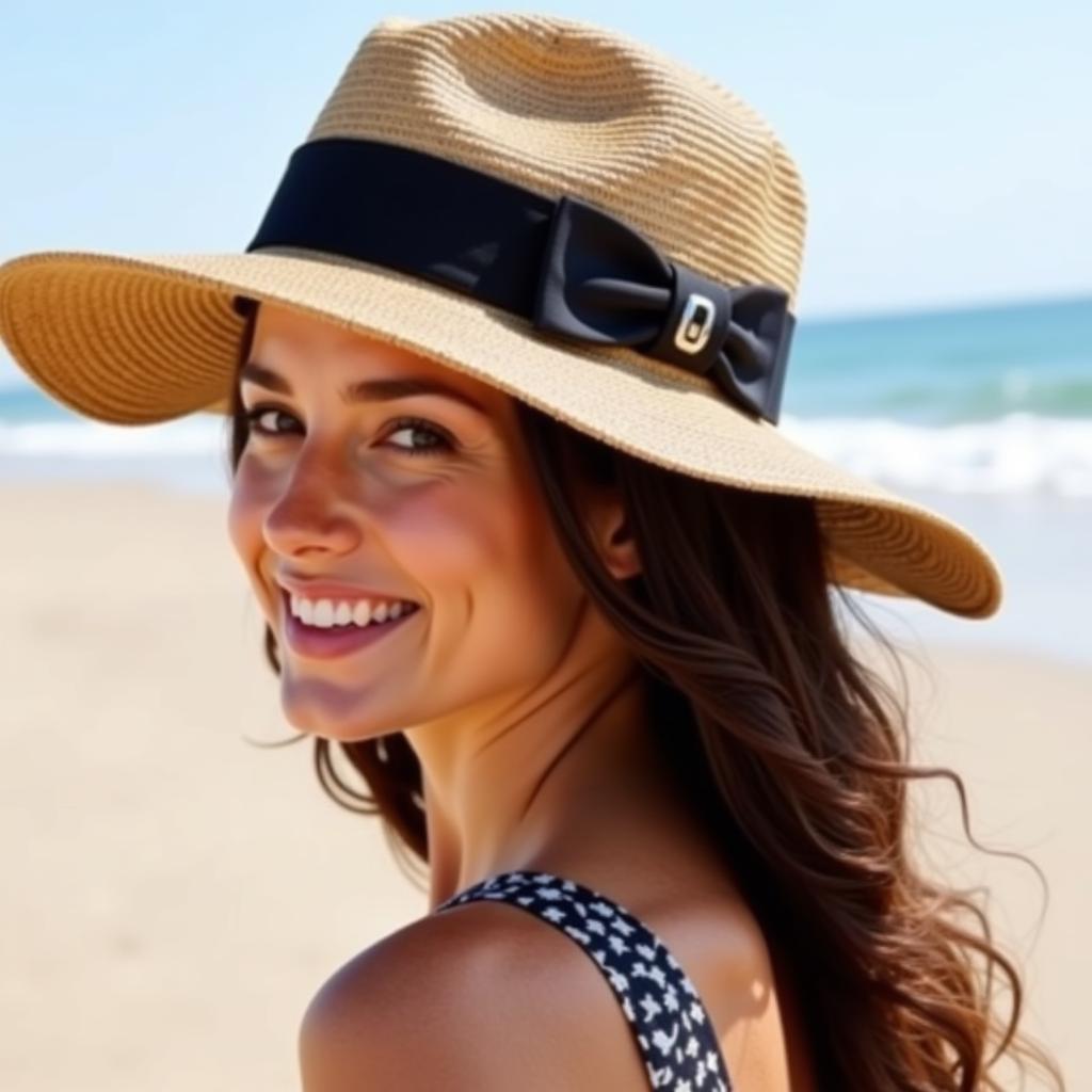 Woman wearing a wide-brimmed C.C Exclusives sun hat on the beach