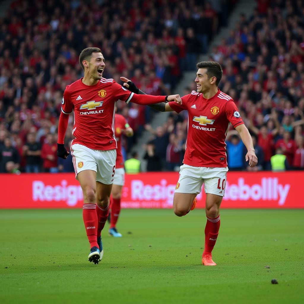 Footballers celebrating a goal after a brilliant pass