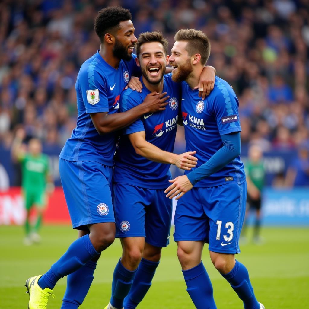 Teammates celebrate a goal