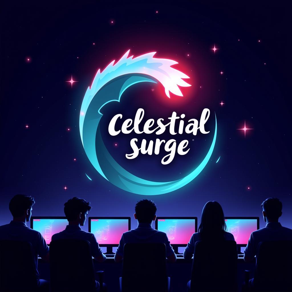 Celestial Surge esports team logo with team members in background