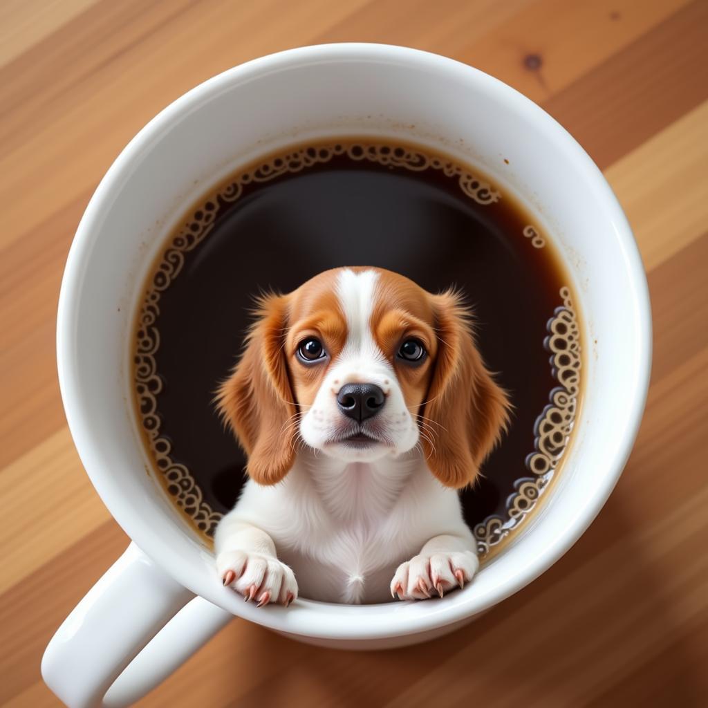 A white ceramic mug with a cute dog illustration inside