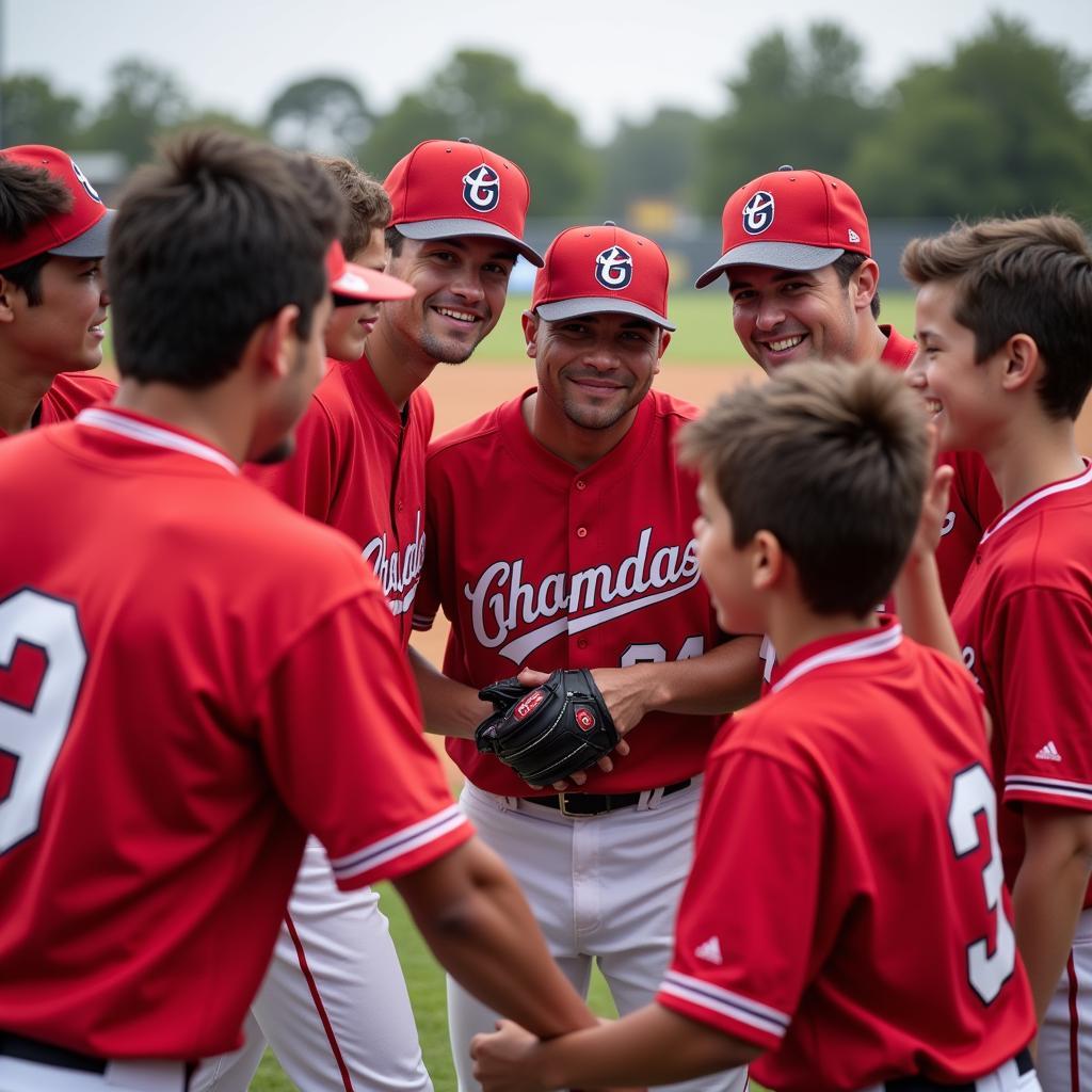 Chaminade baseball camp players and coaches in a team huddle