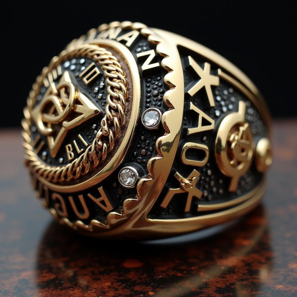 Close-up of a championship ring design with intricate details