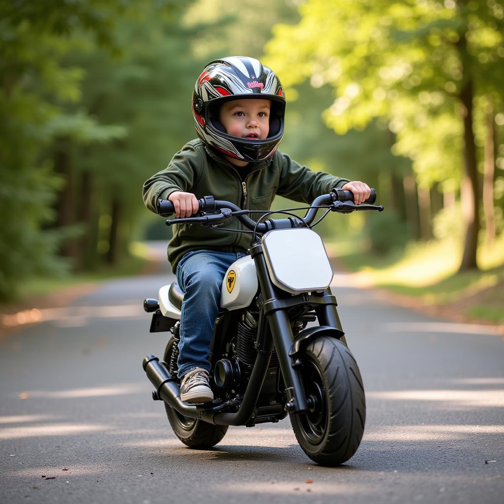 A child riding a fully charged Razor mini motorcycle