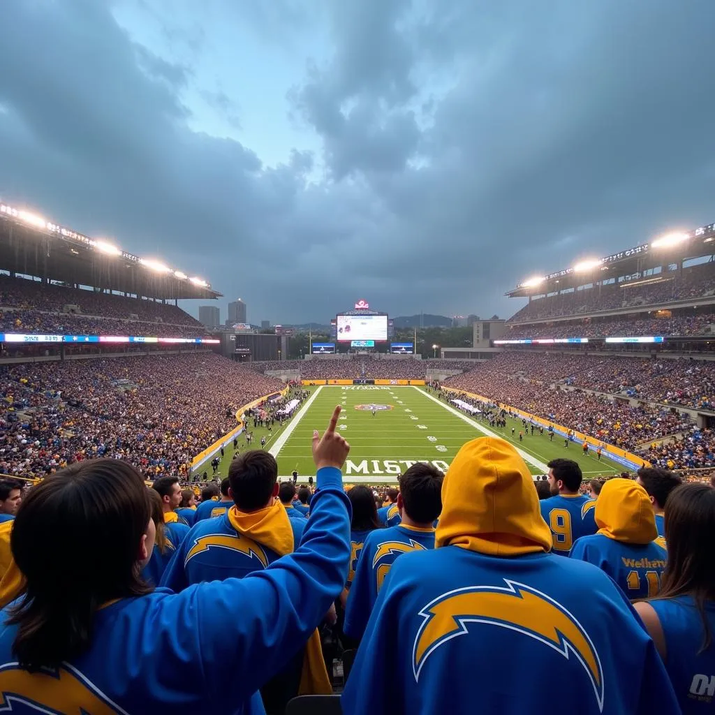 Chargers fans wearing ponchos in the stands