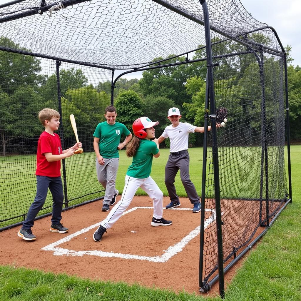 Baseball players practicing with cheap batting cage nets