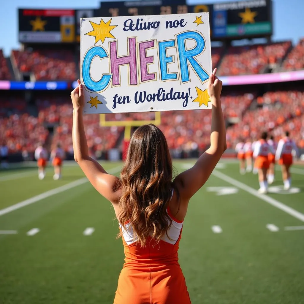 Cheerleader holding a sign bag at a football game