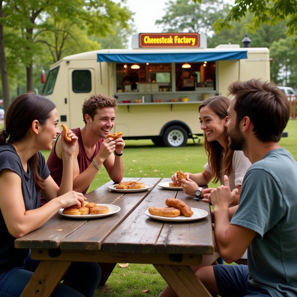 People enjoying cheesesteaks from a food truck in a park