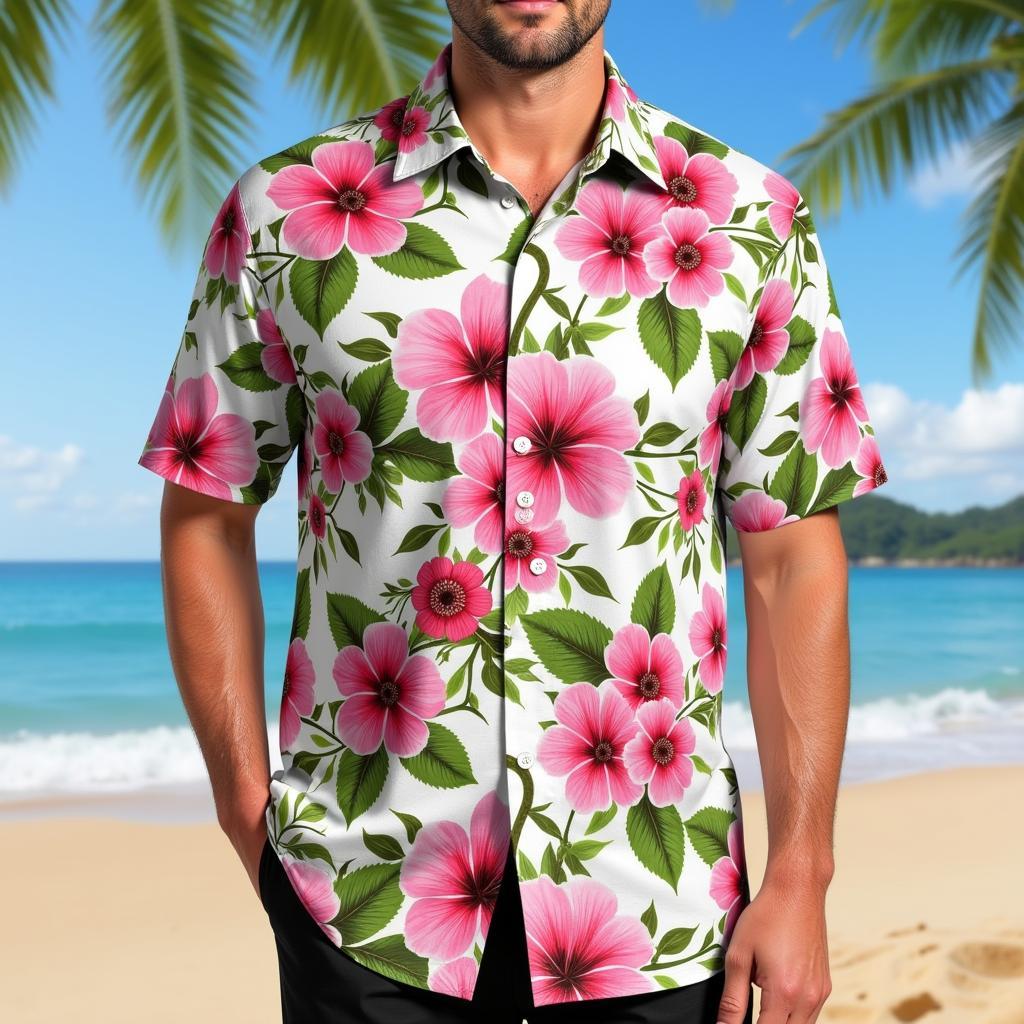 Man wearing a cherry blossom Hawaiian shirt