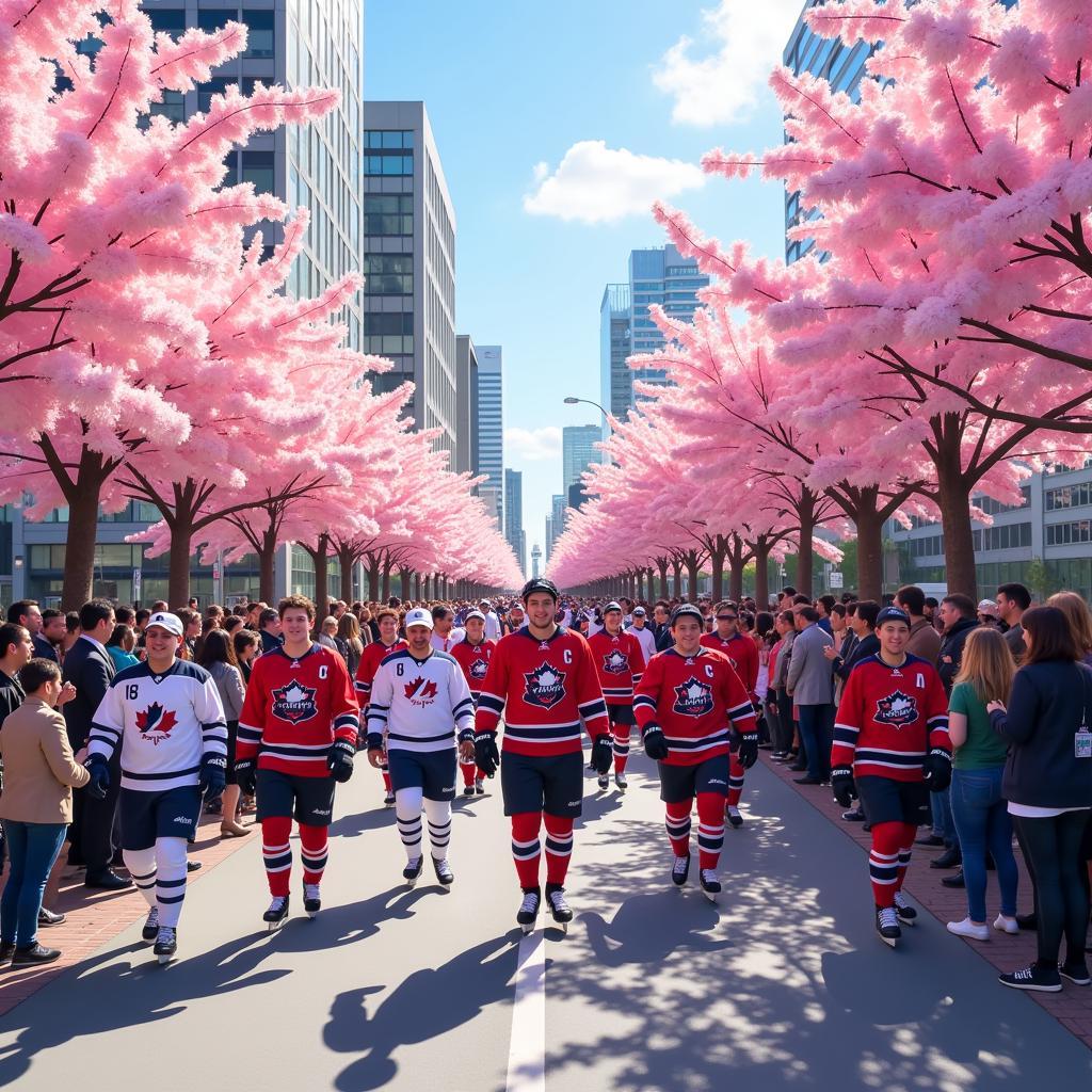 Cherry Blossom Hockey Tournament parade through city streets