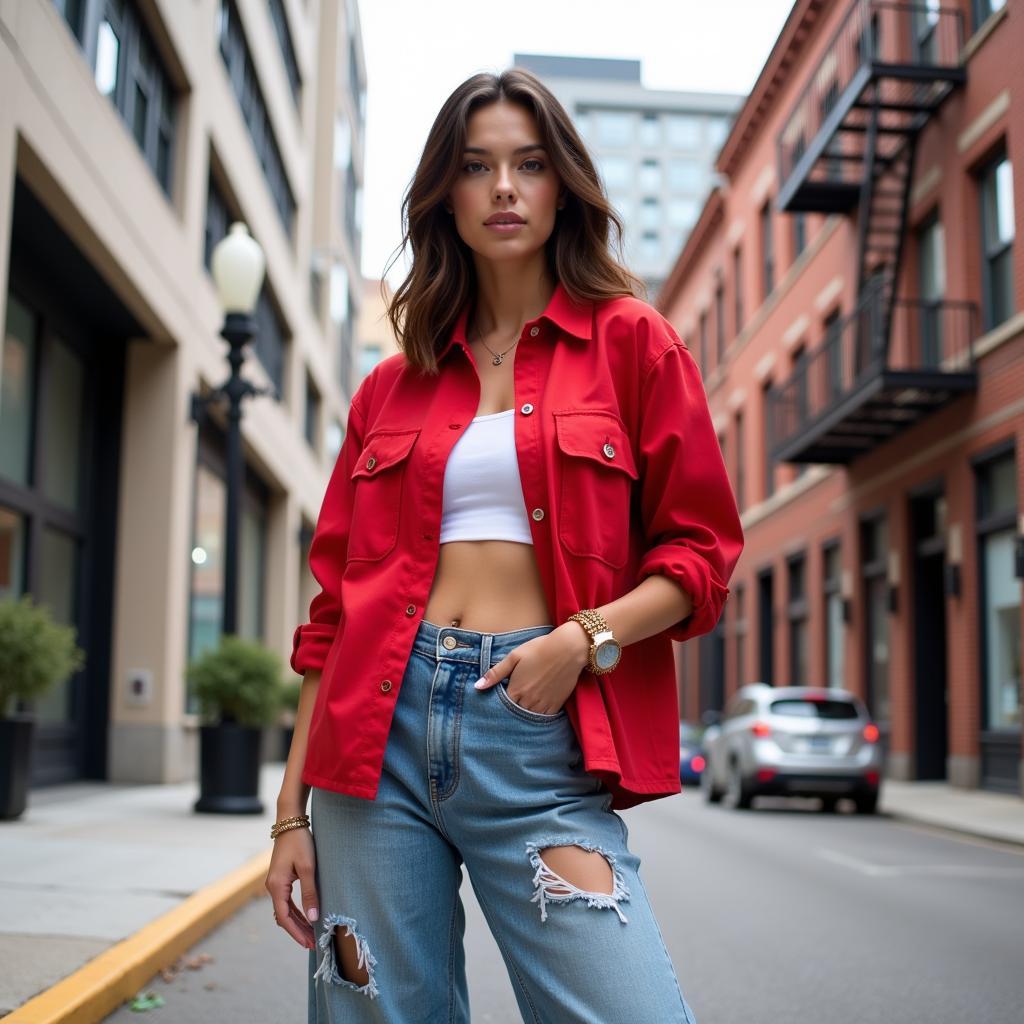 Woman styling a Chevy work shirt for a streetwear look