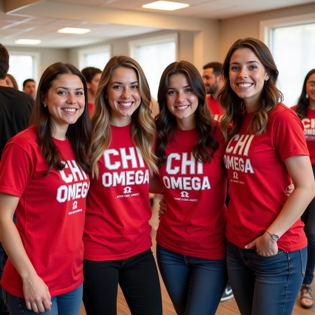 Chi Omega Sisters Showcasing Their Style with Matching T-shirts