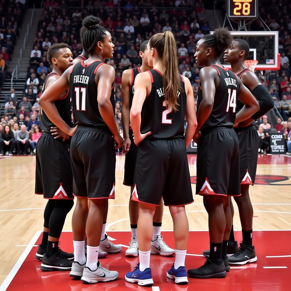 Basketball team huddling during the Chi Town Tip Off, strategizing for their next play.