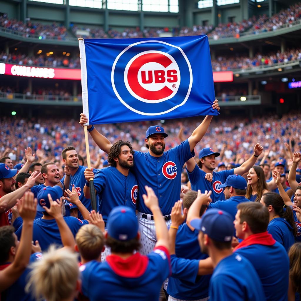 Chicago Cubs players celebrating with the Wrigley Field flag