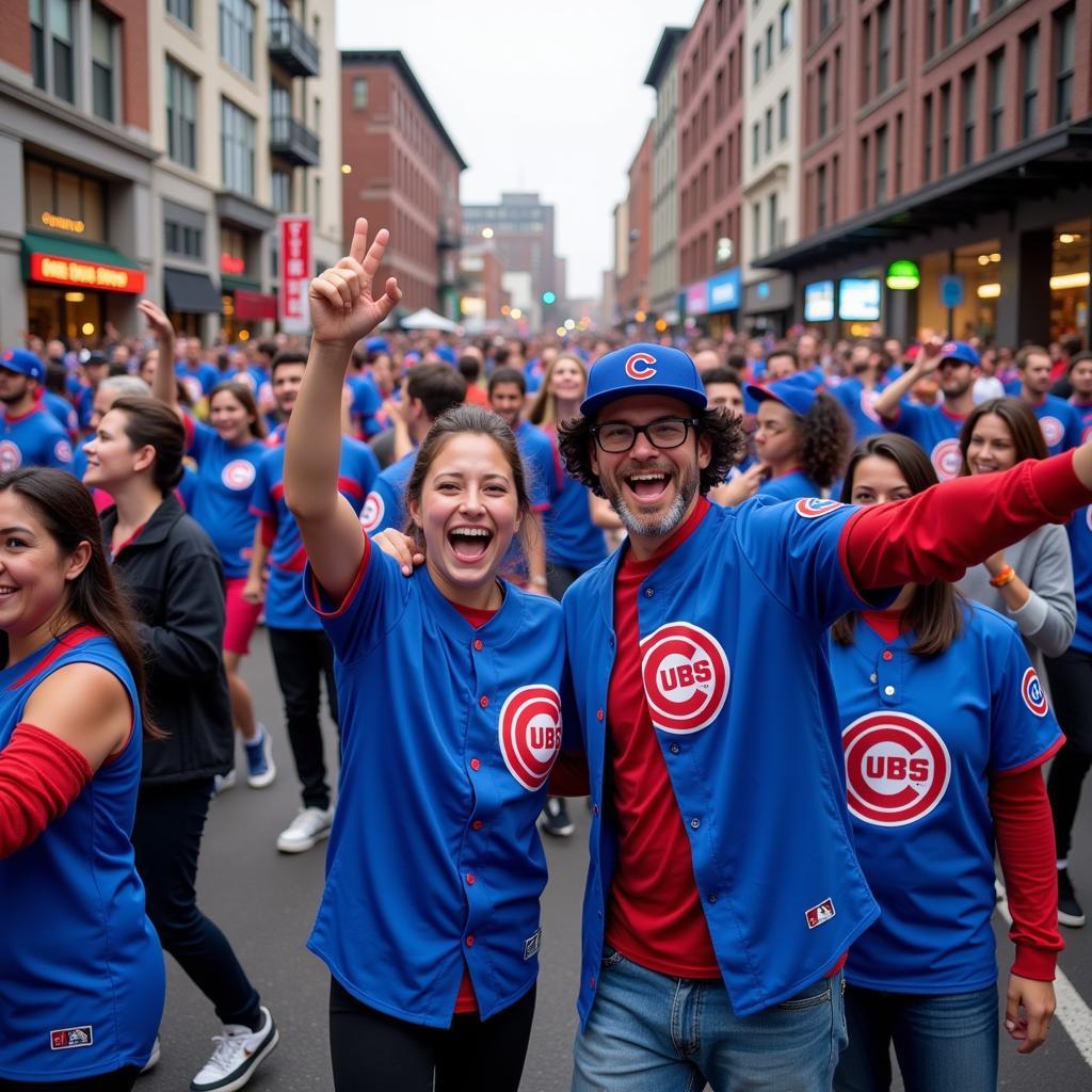 Chicago Cubs fans celebrating in Wrigleyville wearing City Connect jerseys