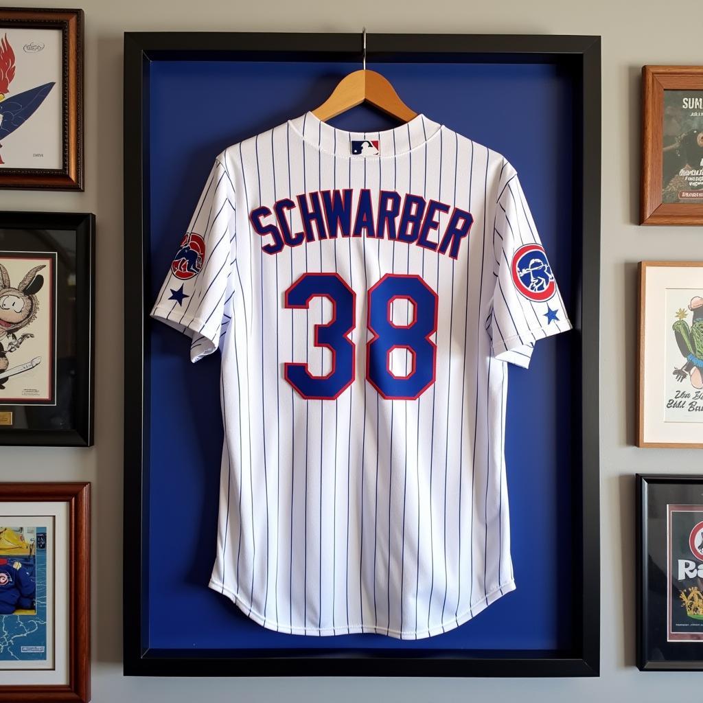 A Chicago Cubs Schwarber jersey framed and displayed