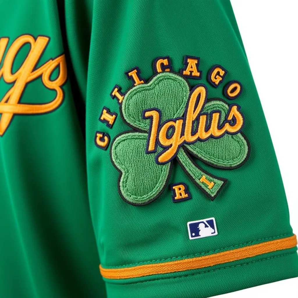 Close-up of the details on a Chicago Cubs St. Patrick's Day jersey.