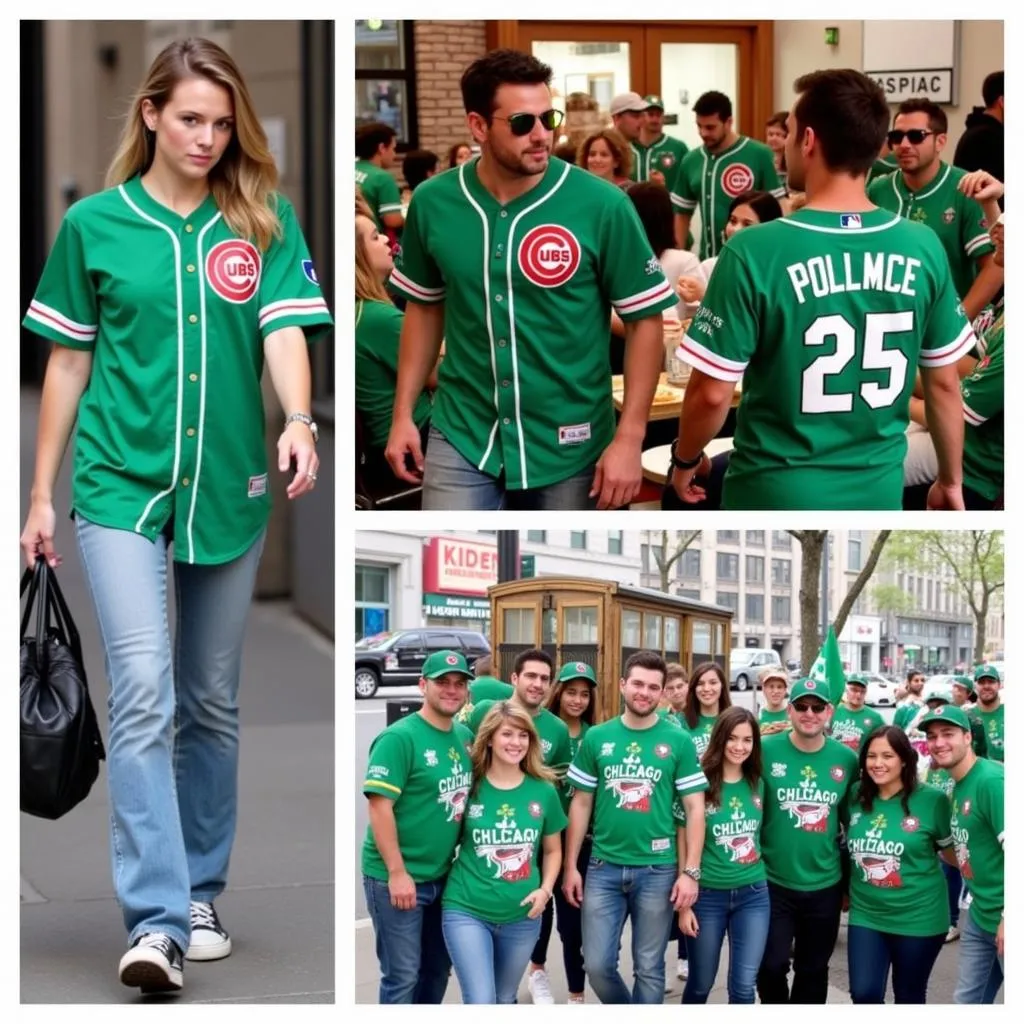 People wearing Chicago Cubs St. Patrick's Day jerseys in different casual settings.