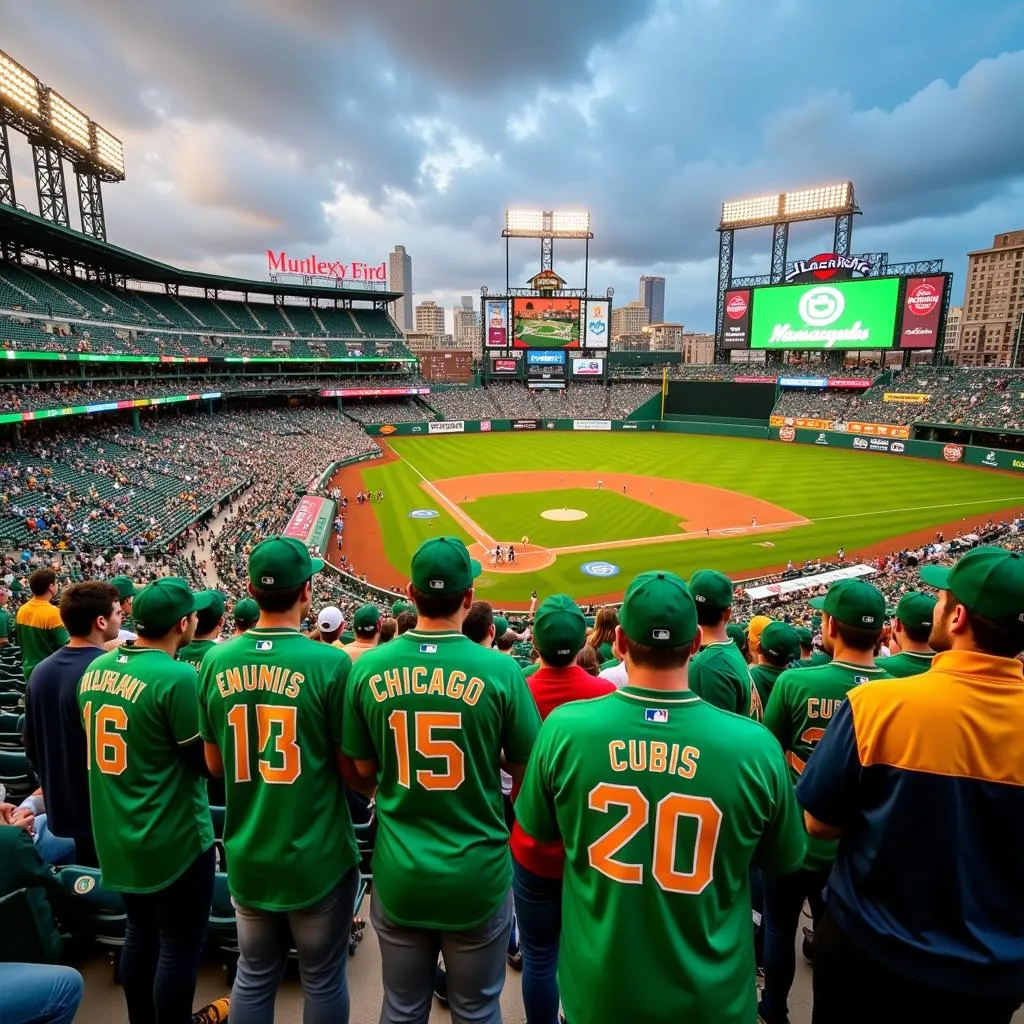 Chicago Cubs fans wearing St. Patrick's Day jerseys at Wrigley Field.