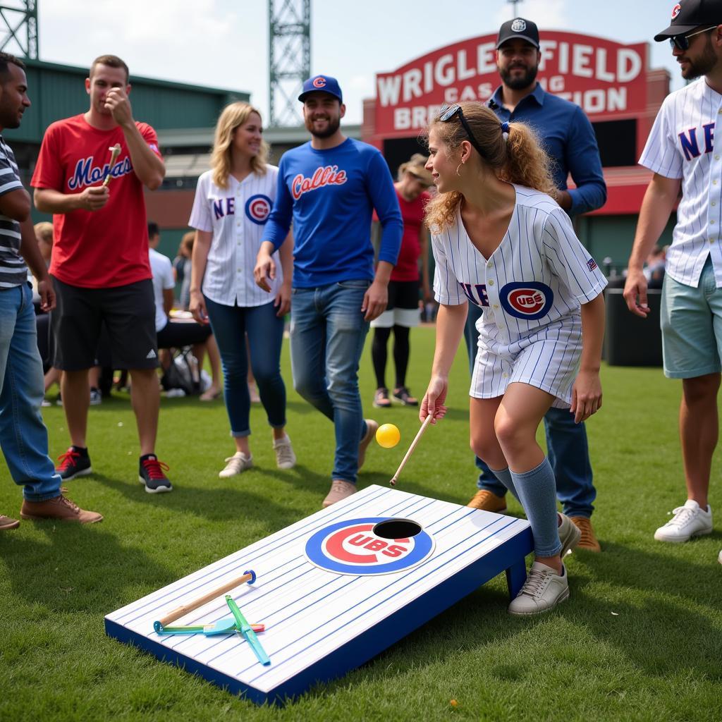 Chicago Cubs themed cornhole set in action at a tailgate party.