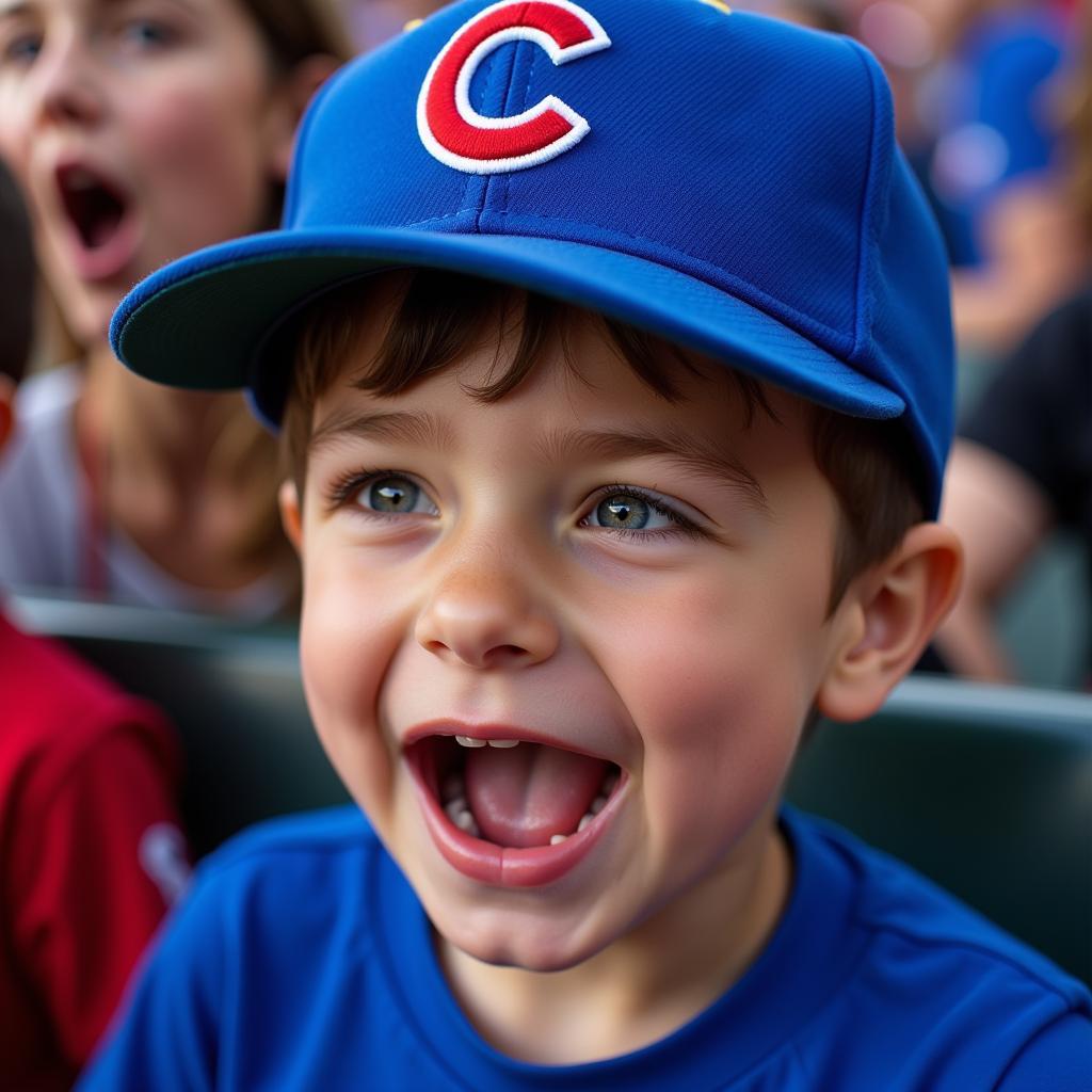 A young Chicago Cubs fan cheering enthusiastically at a game.