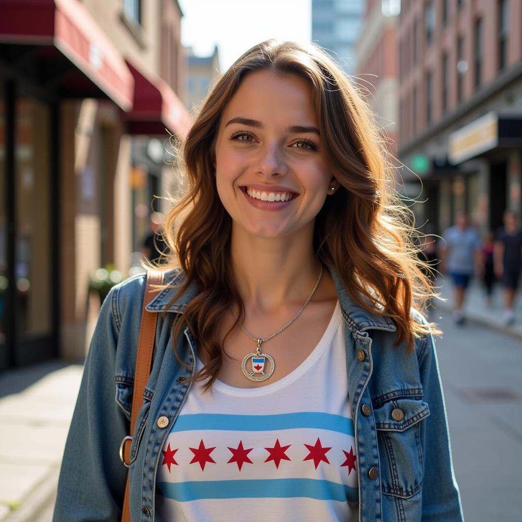 Young woman wearing a chicago flag necklace